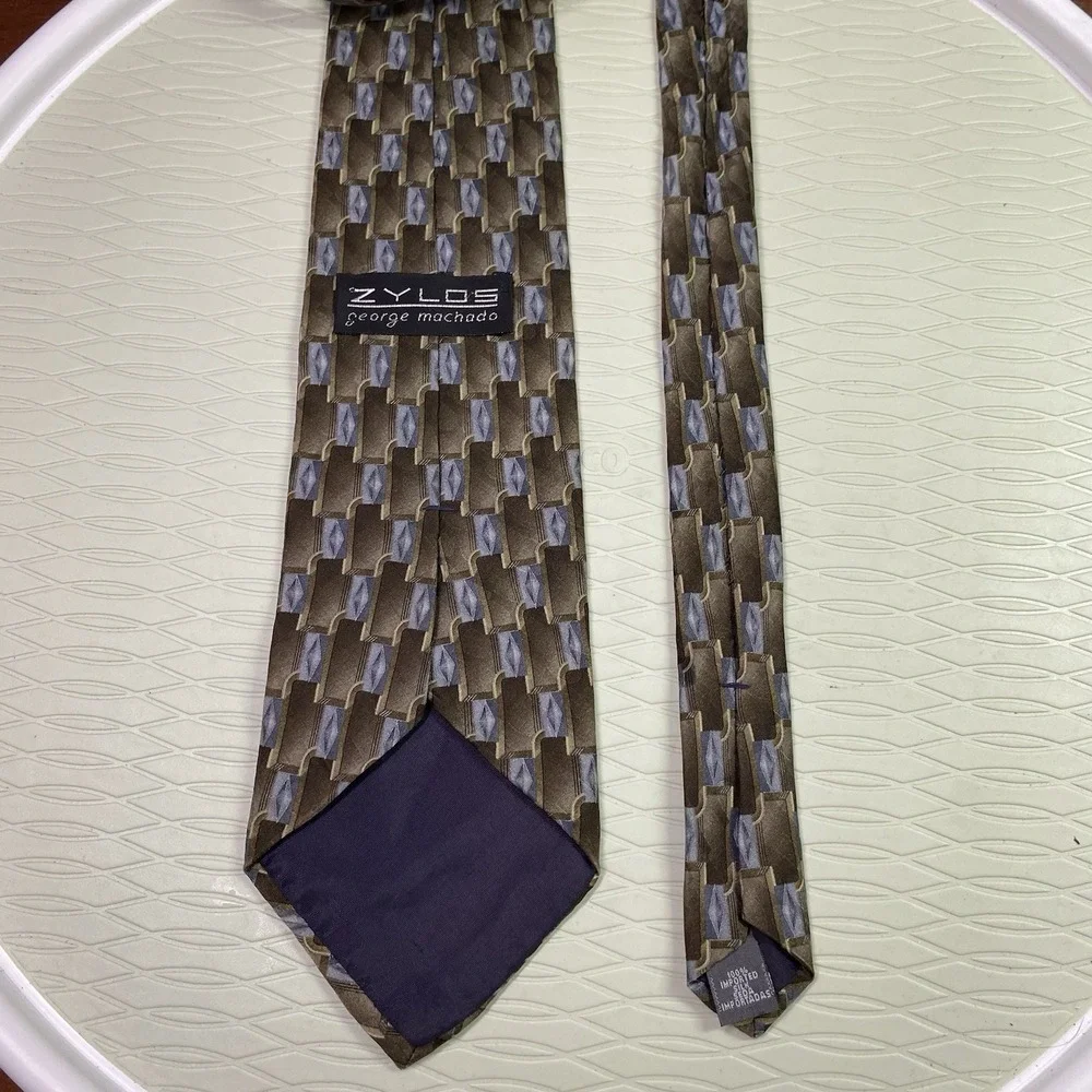 Zylos Brown/Tan&Light Blue George Machado 100% Silk Tie‎ 54